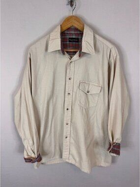 Royal Knight Mens Corduroy Button Down Shirt XL Cream Plaid Lined Cuffs USA Made